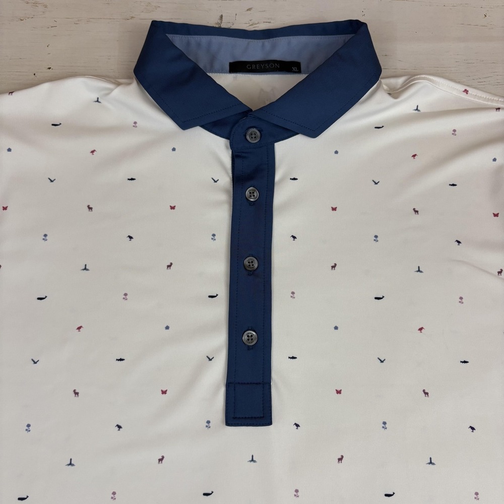 Greyson Golf Polo Shirt Mens XL White Navy Mini Print Performance Short Sleeve